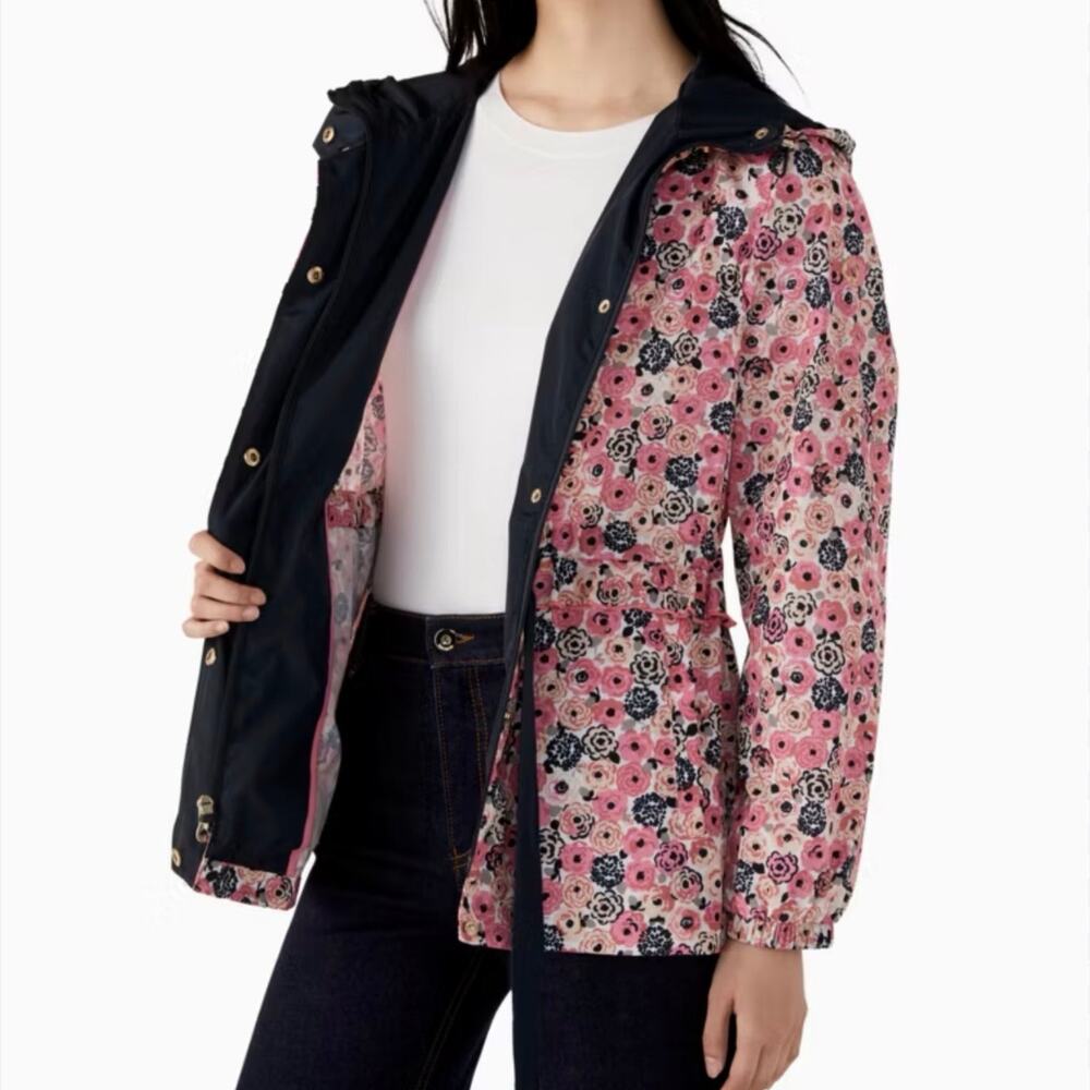 KATE SPADE NEW YORK floral coat jacket SZ Small Packable  rain wind Pink/Black